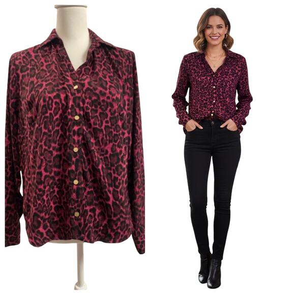 Michael Kors Magenta and Black Animal Print Button Down Blouse Size Small - Picture 1 of 7